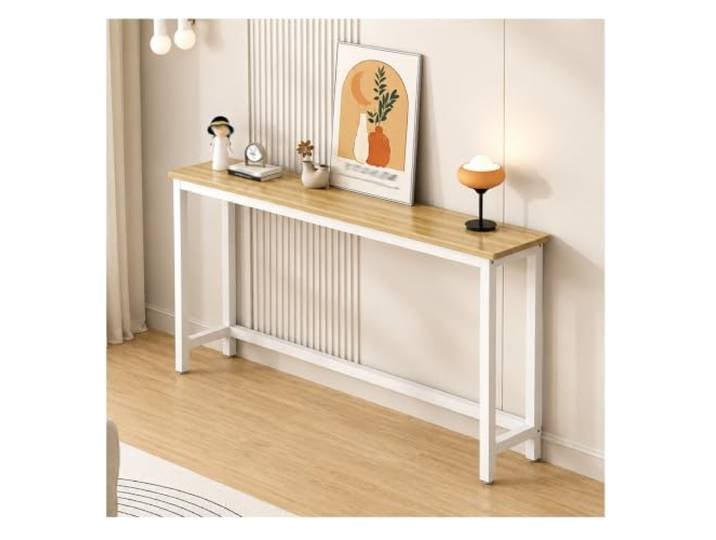 Hynbdes Eingangstisch, Konsolentisch für Hinter Der Couch, Hölzern, Metallgestell, Schmales Design, Platz sparen, für Wohnzimmer, Schlafzimmer, Flur, Holz – Weiß 140×20×80cm