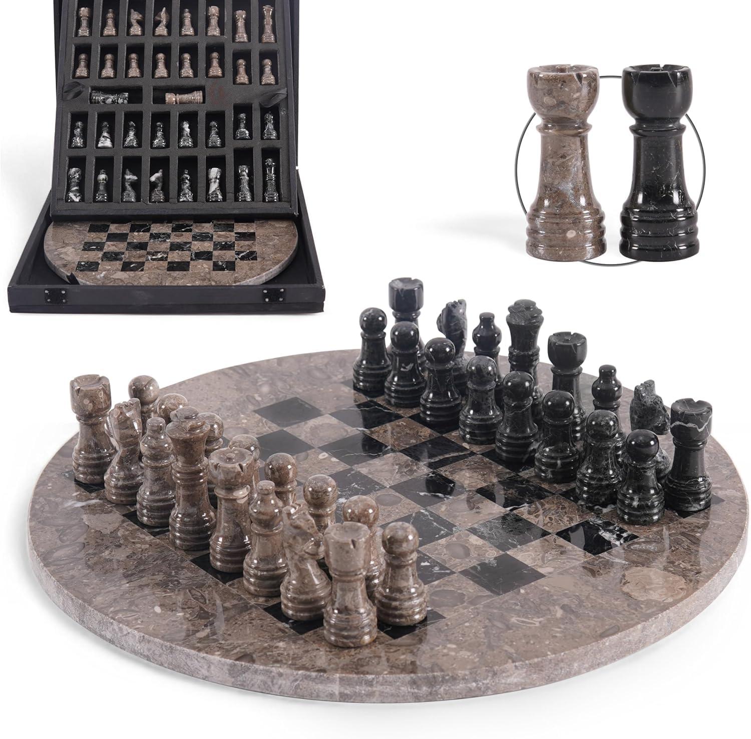 Schachspiel Schachset Schachbrett - Marmor - 30,5 cm - Ozeanblau und Schwarz - Mit Aufbewahrungsbox
