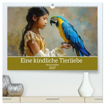 Eine kindliche Tierliebe - Herzensbilder (hochwertiger Premium Wandkalender 2027 DIN A2 quer), Kunstdruck in Hochglanz