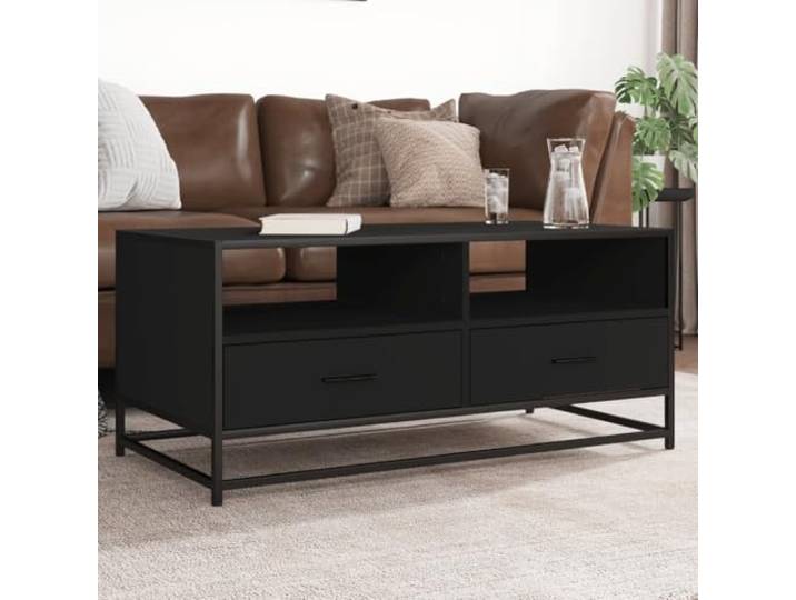 HEFZGDB Industrieller Couchtisch Schwarz 100x50x45 cm aus Holzwerkstoff und Metall mit Stauraum und Korrosionsbeständigkeit