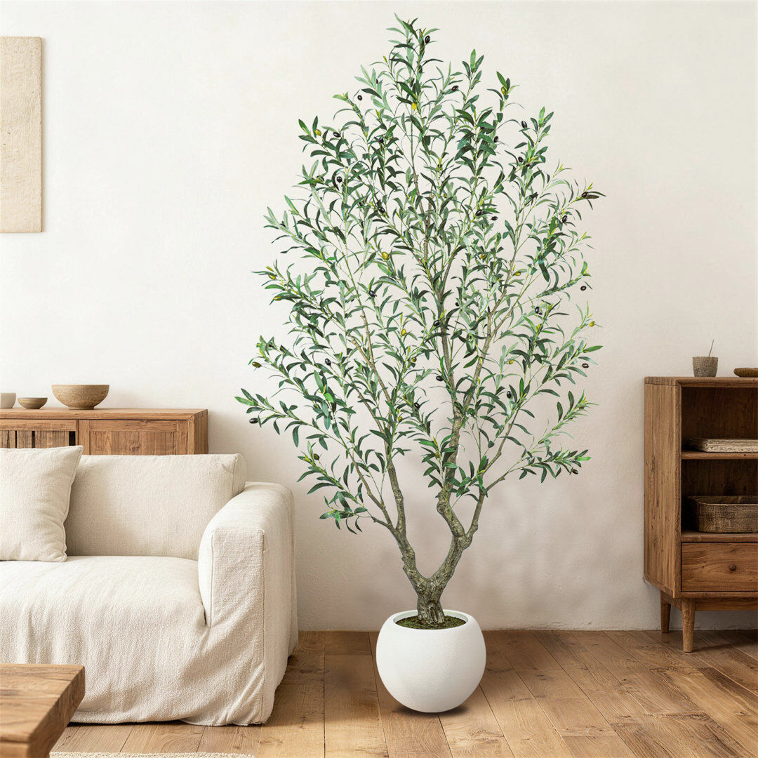 Brayden Studio Artificial Olive Tree with White Planter, 5 ft / 6 ft / 7 ft Faux Indoor Tree Modern Minimalist House Mediterranean Decor for Home Office Bedroom Livi Green 210cm with white planter