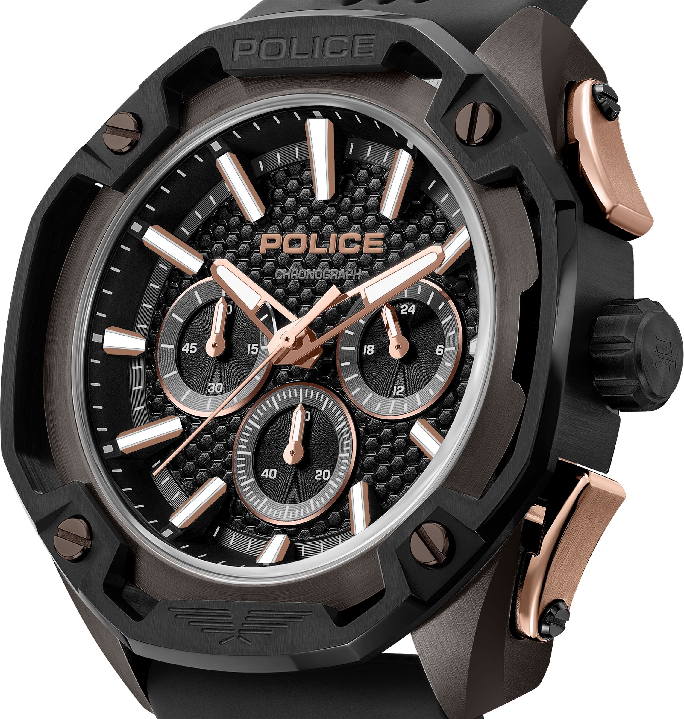 Chronograph POLICE "Centurian", rosa (schwarz, schwarz), Armbanduhren, Herren, schwarz, Chronograph, Quarzuhr, Armbanduhr, Herrenuhr, Silikonarmband, analog, Stoppfunktion