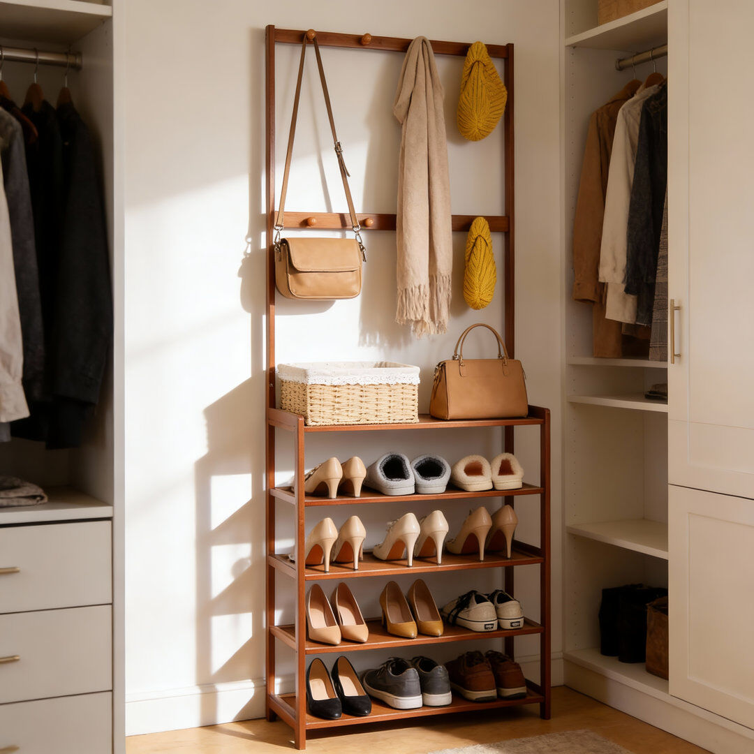 Rebrilliant Gabbert 69.5 cm W Hall Tree with Shoe Storage Brown 184.5cm H X 69.5cm W X 25.5cm D