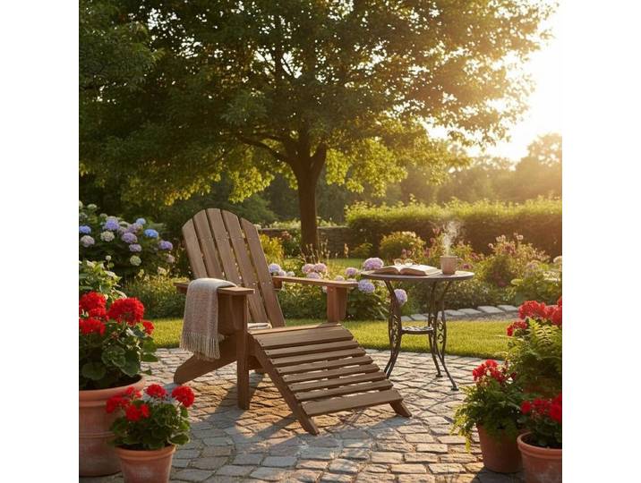 Chaise de jardin avec repose-pieds en bois brun, ensemble de mobilier de salon d'extérieur, chaise longue inclinable avec dossier réglable et coussin pour terrasse et jardin