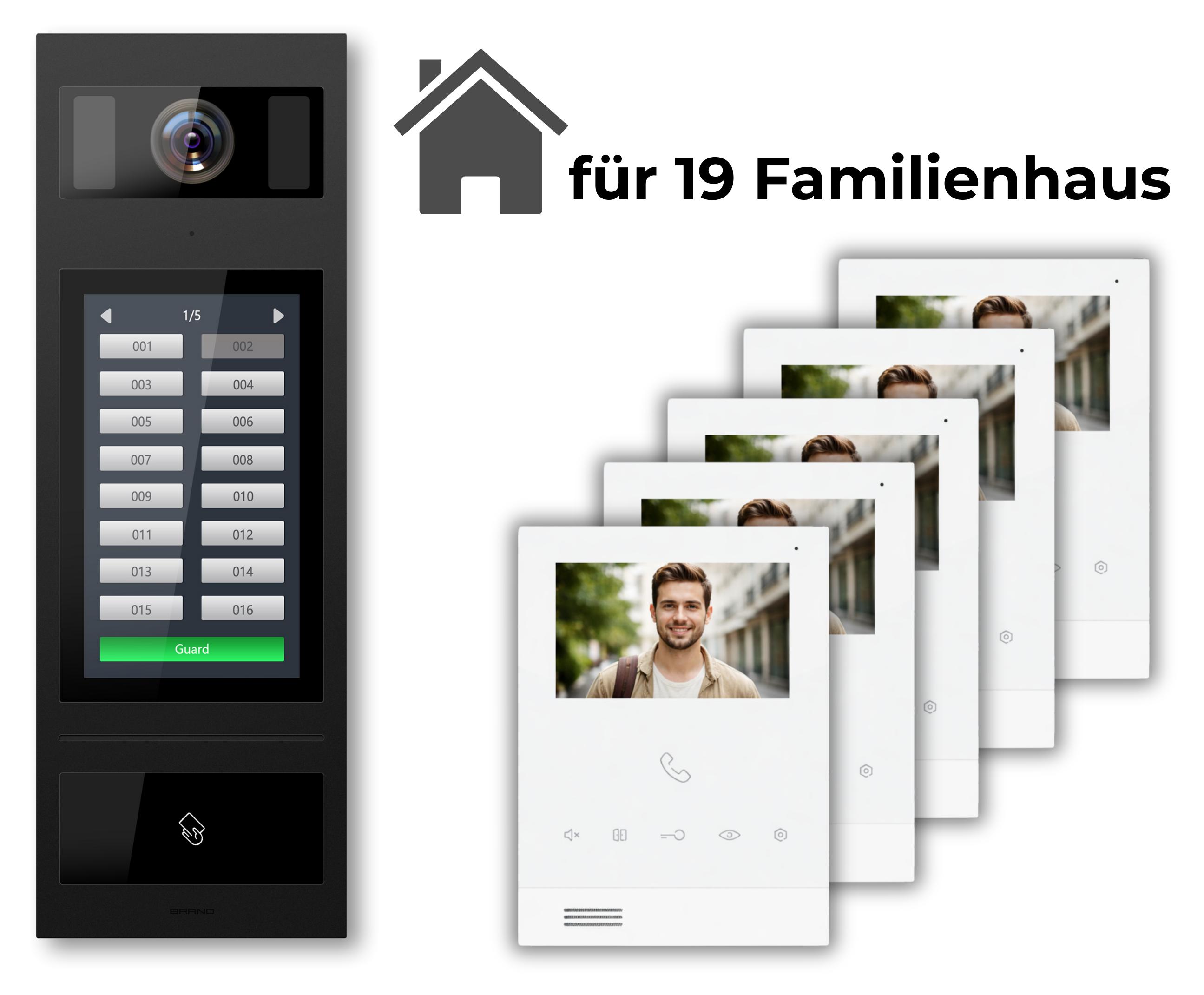 SCHUTZER Video-Türsprechanlage - 19 Familien - 19× 4,3" Innenmonitore - 7" Touch-Außenstation - RFID - 2-Draht-BUS