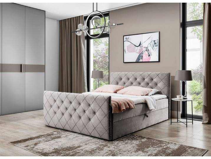 Fun Möbel Boxbett Schlafzimmerbett EIVOR (Inkl. Bettkasten, inkl. Topper), Kopfteil und Fußteil mit Strasssteinen besetzt