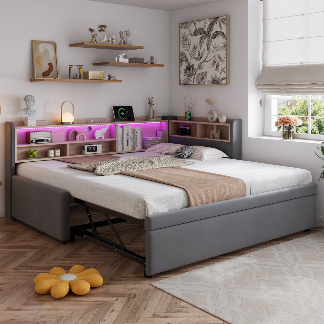 17 Stories 3FT Grey Velvet Daybed with Trundle, LED Storage Headboard & USB Ports Gray 85cm H X 105cm W X 201cm L