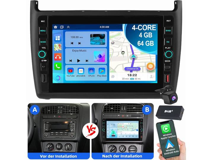 ESSGOO 8 Für VW Polo 6R 6C 2009-2017 Carplay GPS USB Type-C Autoradio (RDS, Digitalradio (DAB), FM, AM, Tastenbeleuchtung)