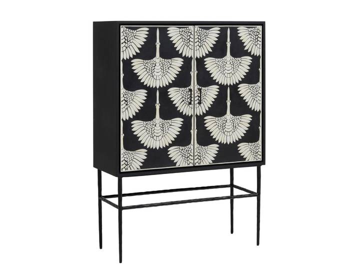 Ambia Home Highboard, Naturfarben, Schwarz, Vogel, 2 Fächer, 100x140x40 cm, Kleinmöbel, Kommoden, Highboards