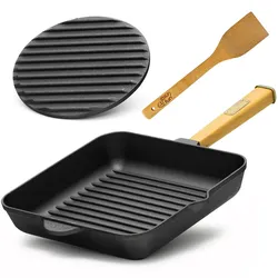 BRIZOLL 26cm Gusseisen Grillpfanne Holzgriff Pressdeckel Bratpfanne Pfanne Feuerpfanne Pfannenwender Induktion