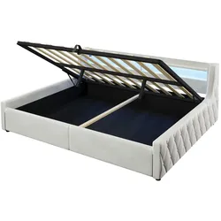 OKWISH Polsterbett aus Flanell und MDF, Off White, 140x200 cm, gewerblich geeignet, mit LED-Kopfteil und Bettkasten