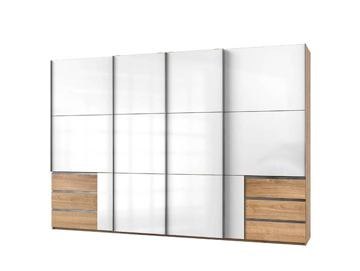 Schwebetürenschrank Level 36 C 350 x 216cm Mehr als 5 Schubladen Braun/Hochglanz Weiß/Eiche Dekor