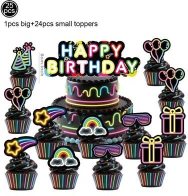 Uplift Picks Neon Party Fedora Hats Glow Bright Under UV Blacklight Party Celebrations cake Toppers (25 Pcs)