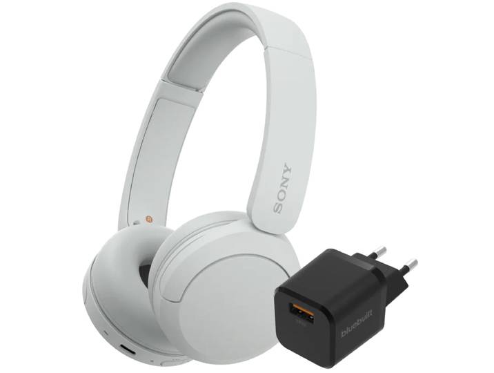 Sony WH-CH520 Wit + BlueBuilt Quick Charge Oplader met Usb A Poort 18W Zwart