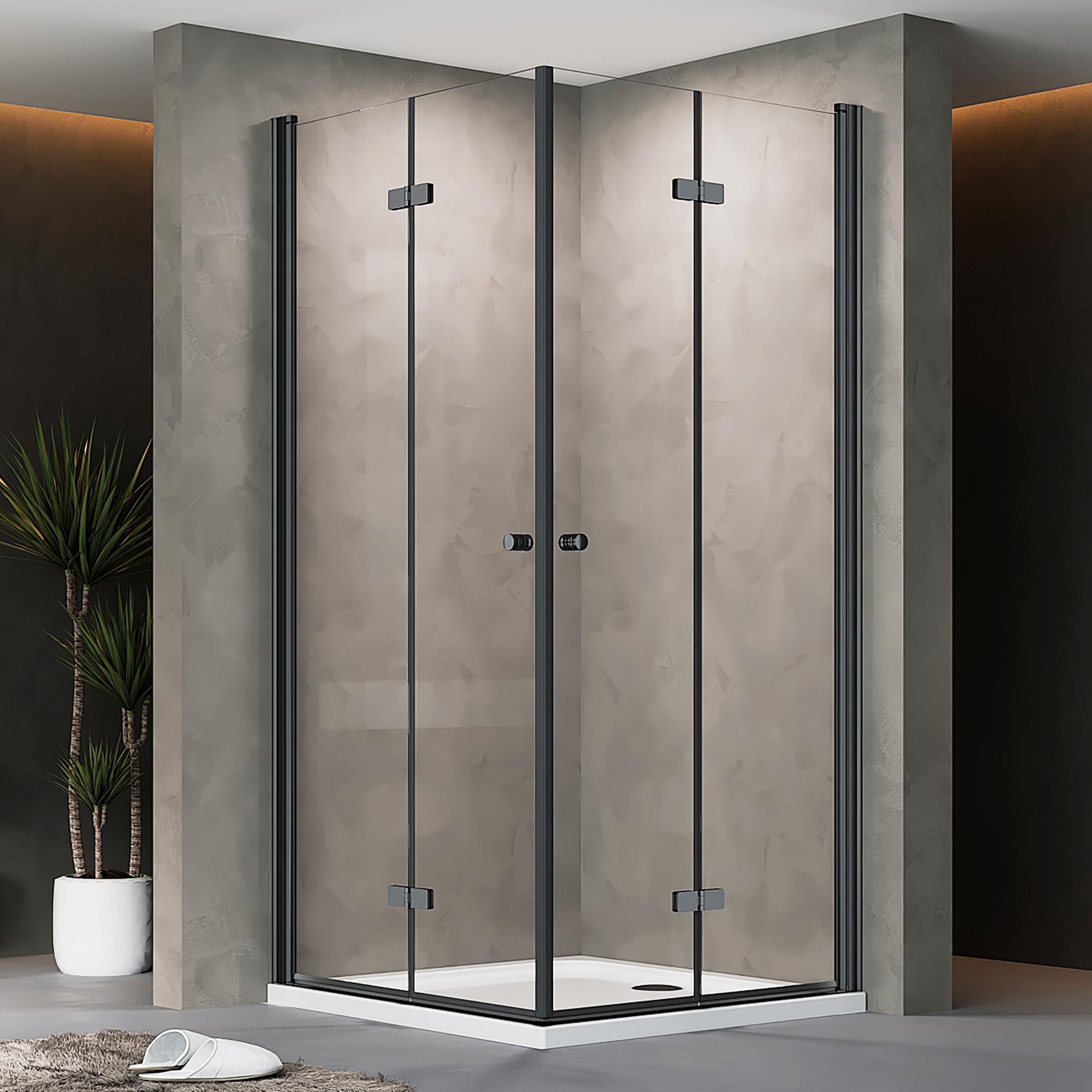 Falttür Duschkabine 90x100x185cm Eckeinstieg Schwarz Duschabtrennung Faltbar Eckdusche ESG GLAS Komplett Dusche Faltdusche Mit Duschwanne