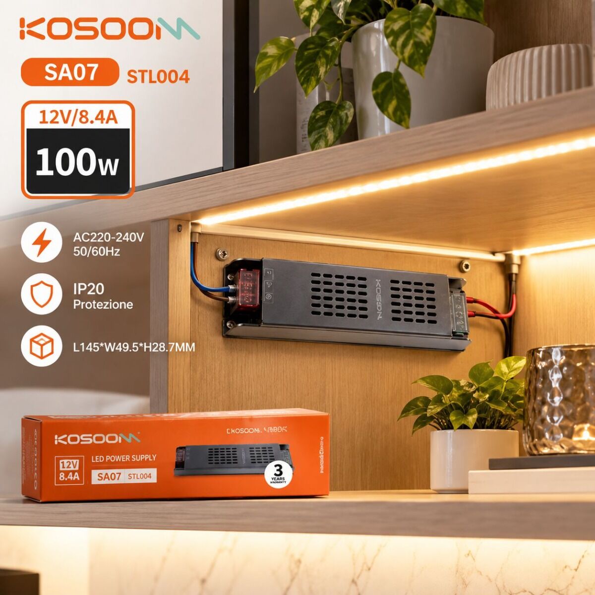 Kosoom Alimentatore Led 100w 12v Dc Ip20 Per Strisce Led Sa07