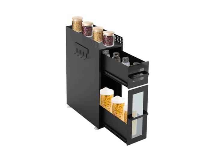 3 Stöckiges Gewürzregal zum Ausziehen, Standregal Küche Arbeitsplatte Regal Organizer mit Schublade, Mehrfunktional Küchenregal Gewürzregal Unterschrankregal Spülschrankregal, 36x15x51cm, Schwarz