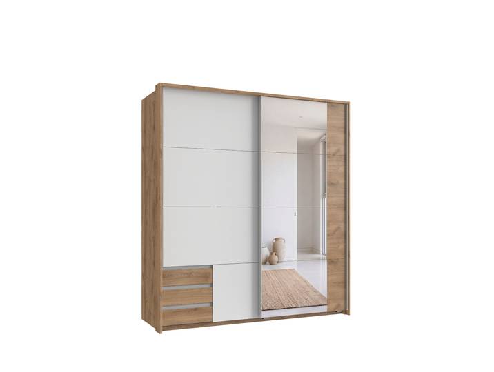Schwebetürenschrank 2trg. Kleiderschrank 183 cm Eiche Weiß Spiegel Passepartout / 22712
