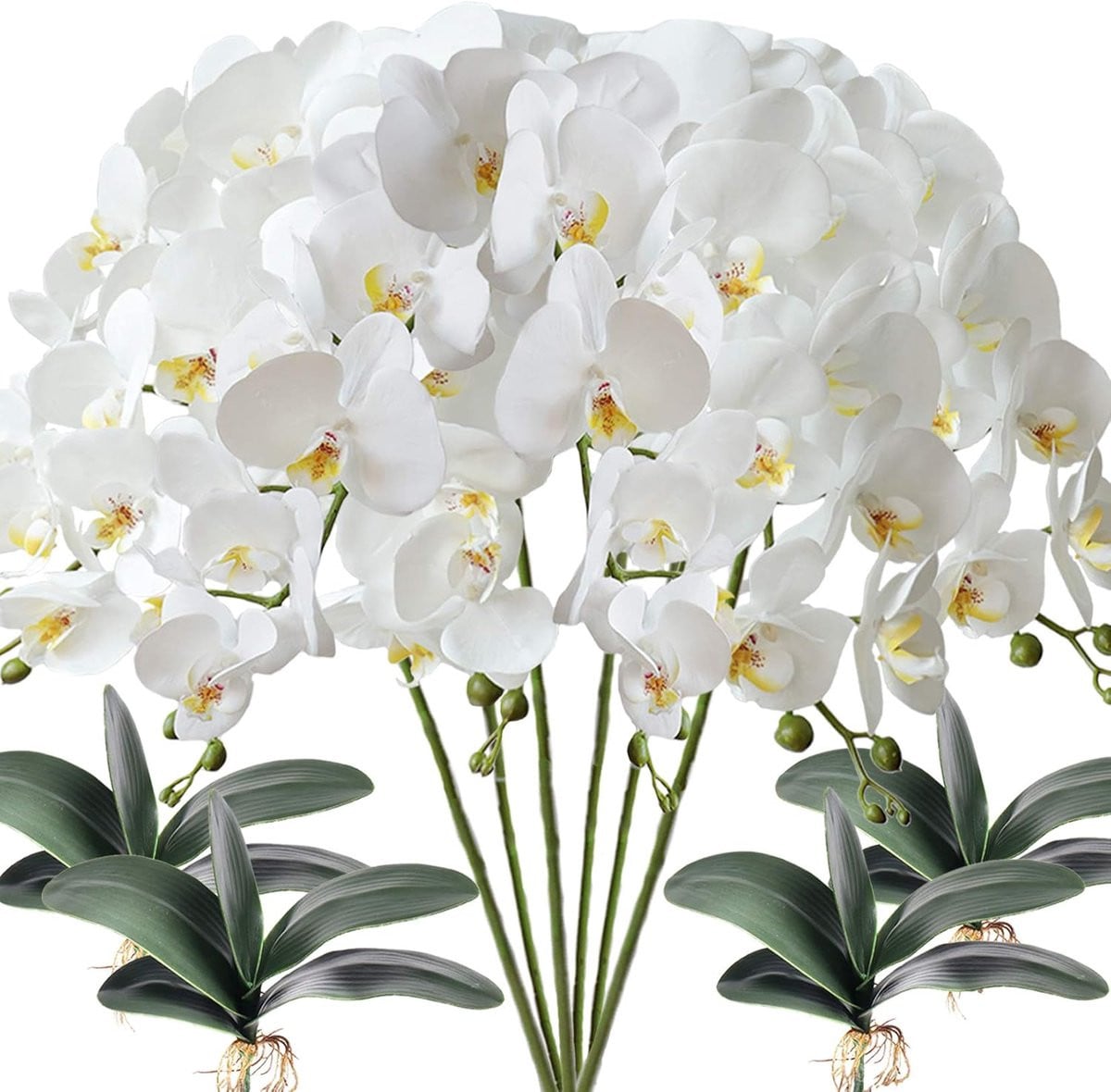 Witte Kunst Phalaenopsis Orchidee Set - 6 Bloemen met 4 Bundels Bladeren - Real Touch PU - 80 cm