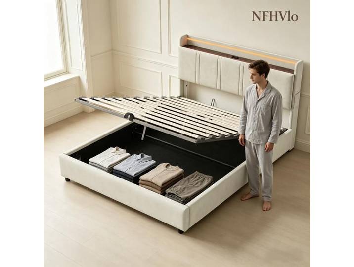 NFHVlo Lit double rembourré 140 x 190 cm avec LED et rangement Lit coffre avec Tête de lit rembourrée Velours