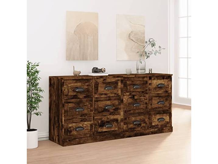 RJPLMFV Anrichte, 2-teilig, rauchfarbene Eiche, Holz Klassische Aufbewahrungsmöbel, feuchtigkeitsbeständig, Regal für Display, Wandbefestigung inklusive