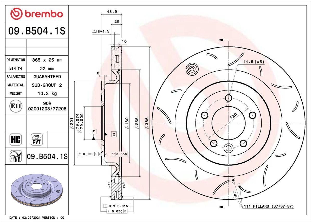 Bremsscheibe BREMBO 09.B504.1S, 1 Stück