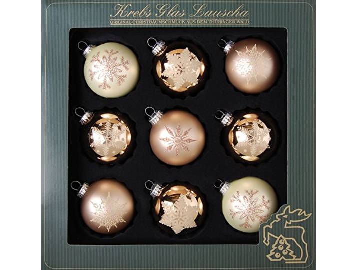 Krebs Glas Lauscha Glaskugelsortiment 9-fach - Christbaumschmuck - Weihnachtsbaumschmuck - in Beige Cappuccino - Größe: 8cm