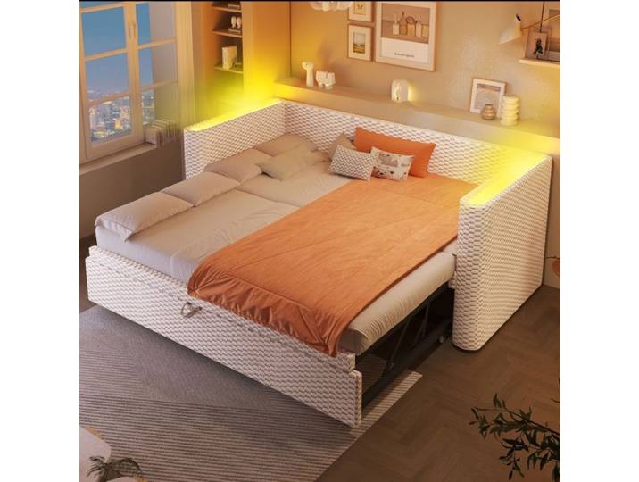 Lit gigogne - SOGEU - Lit gigogne multifonction - Velours beige - Extensible 90x200→180x200 - LED intelligente