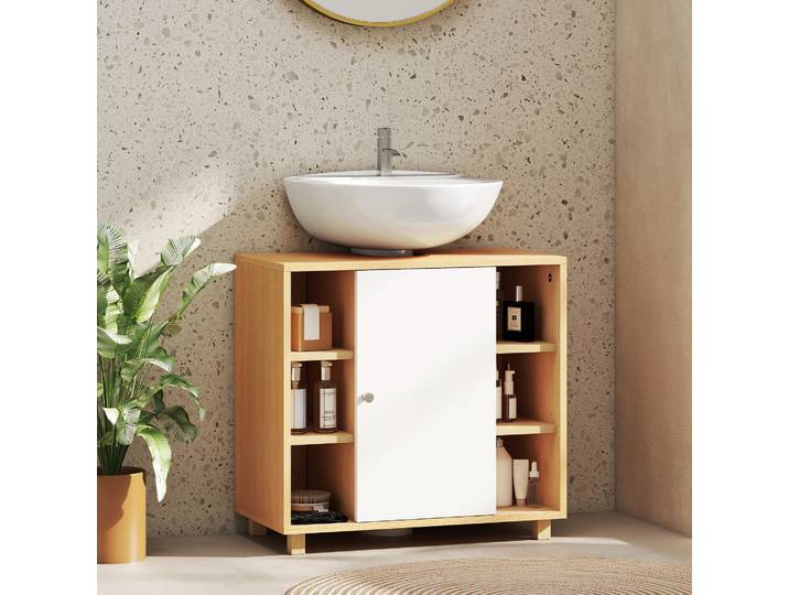 HOMCOM Meuble Sous-Vasque 2 Portes 6 Étagères Blanc/Bois