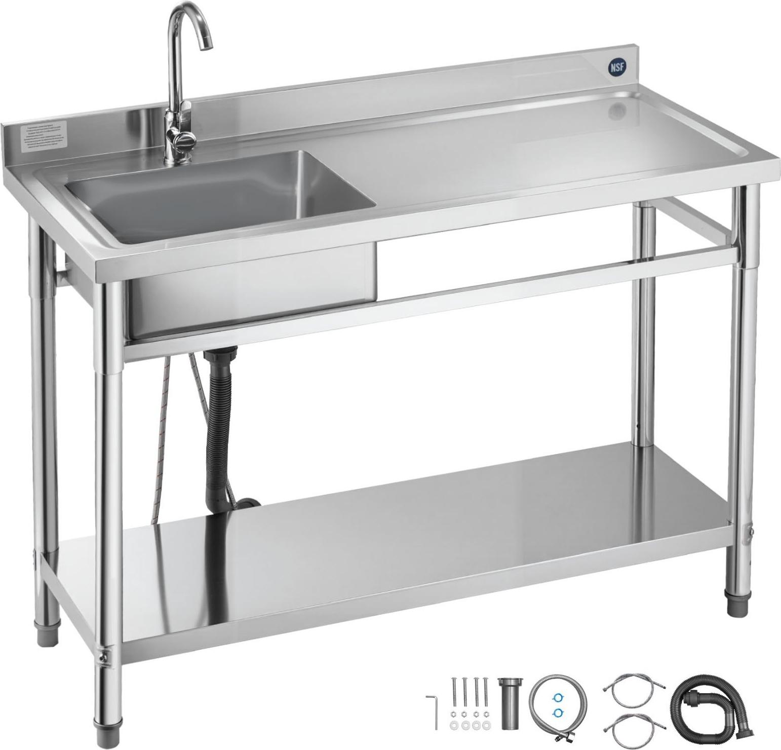 Edelstahl Gastro-Spültisch - Einzelbecken Küchenspüle - 120 x 50 x 94 cm - Mit Wasserhahn - Mit Ablageboden - Freistehend - Becken rechts
