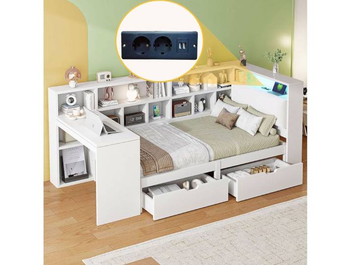 Lit plateforme d angle 90 x 200 cm avec bureau bibliotheque et tete de lit LED USB 2 tiroirs blanc - SENVIRO