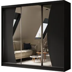 KLEIDERSCHRANK mit Spiegel-Schiebetüren und Aluminium-Leisten, LED-Beleuchtung - VOXI - 240 cm Schwarz