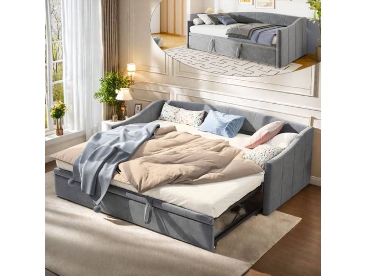 Lit gigogne 2 places 90/180x200cm Canapé-lit Convertible rembourré avec sommier à Lattes Canapé Convertible Extensible Gris Velours