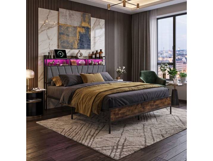 Lit adulte 160x200cm avec LED RGB & Prises Tête de lit rembourrée avec rangement Structure métal - Marron rustique