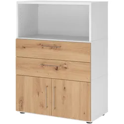 bümö flexi Aktenschrank mit Flügeltüren & 2 Schubladen in Weiß/Asteiche, Büroschrank mit werkzeuglosem Schnellmontage-Klicksysten in modularer
