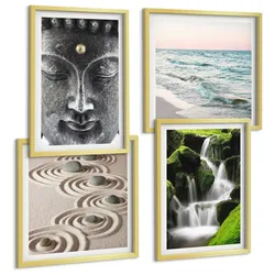 BILDER SET 4er Set - 50x50 cm & 40x60 cm Goldrahmen - Der Frieden der Natur mit Buddha