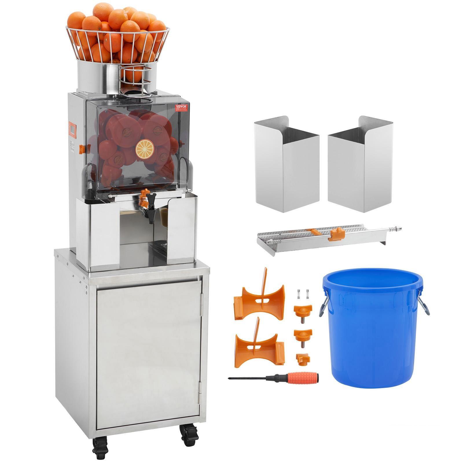 VEVOR Kommerzieller Orangenentsafter, 120-W-Entsafter mit automatischer Zufuhr und Wasserhahn, Entsaftermaschine aus Edelstahl für 25 Orangen/Minute, mit herausziehbarer Filterbox, PC-Abdeckung, 3 Schalenauffangeimer