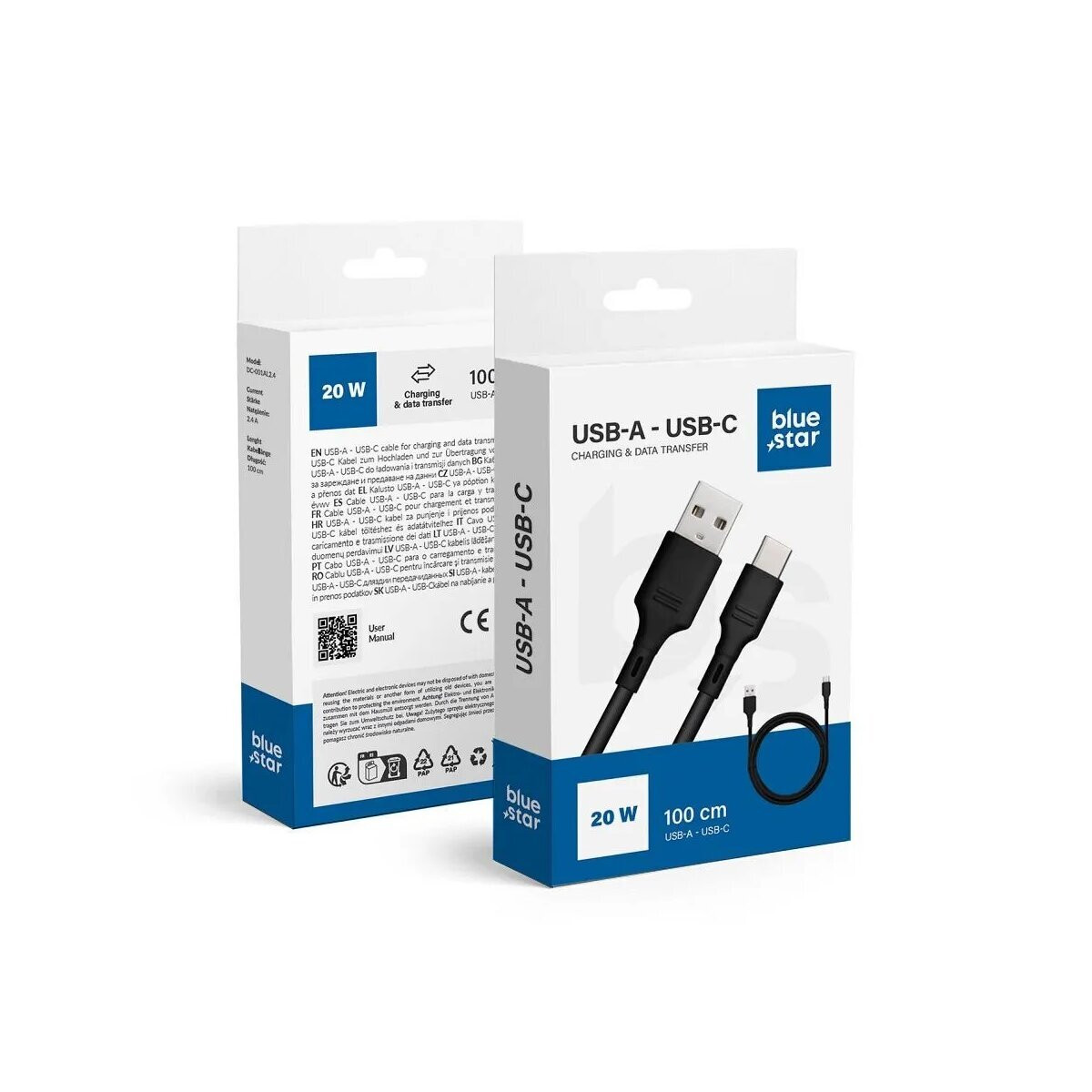Blue Star USB naar USB-C oplaad- en synchronisatiekabel 20W, zwart