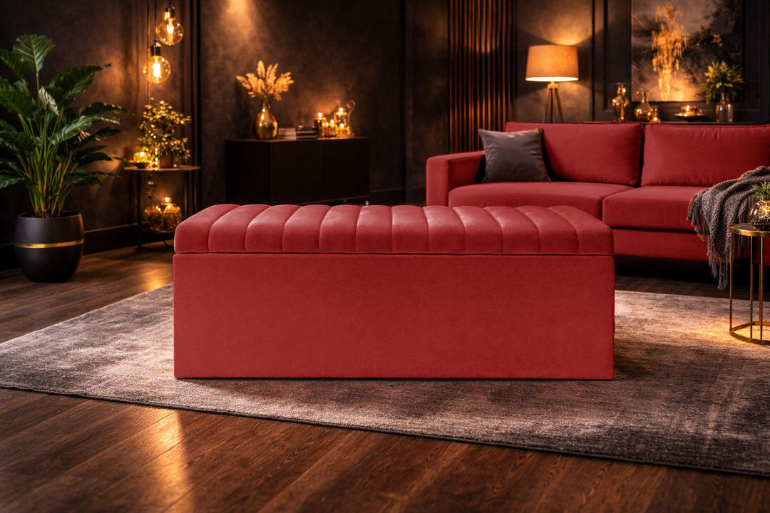 AZ Interiors Royal Furniture Royal Velvet Storage Ottoman Box with Hinged Lid   Lined Upholstered End of Bed Storage Bench   Soft Close Storage Seat   Made in UK Red 180W x 40D x 40H CM