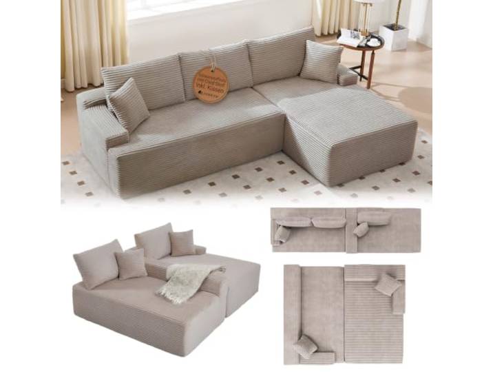 Juskys Sofa Coredo - modernes Cord Sofa mit Ottomane rechts, gemütliche Couch mit Schaumstoffpolsterung, Cordbezug & Kissen, modular - Taupe