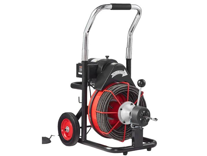 Machine de nettoyage de tuyaux VEVOR 100 pieds x 3/8 pouces\, spirale de nettoyage de tuyaux automatique sur roues\, machine de nettoyage de tuyaux portable 370 W avec 8 coupeurs et pédale activée par air
