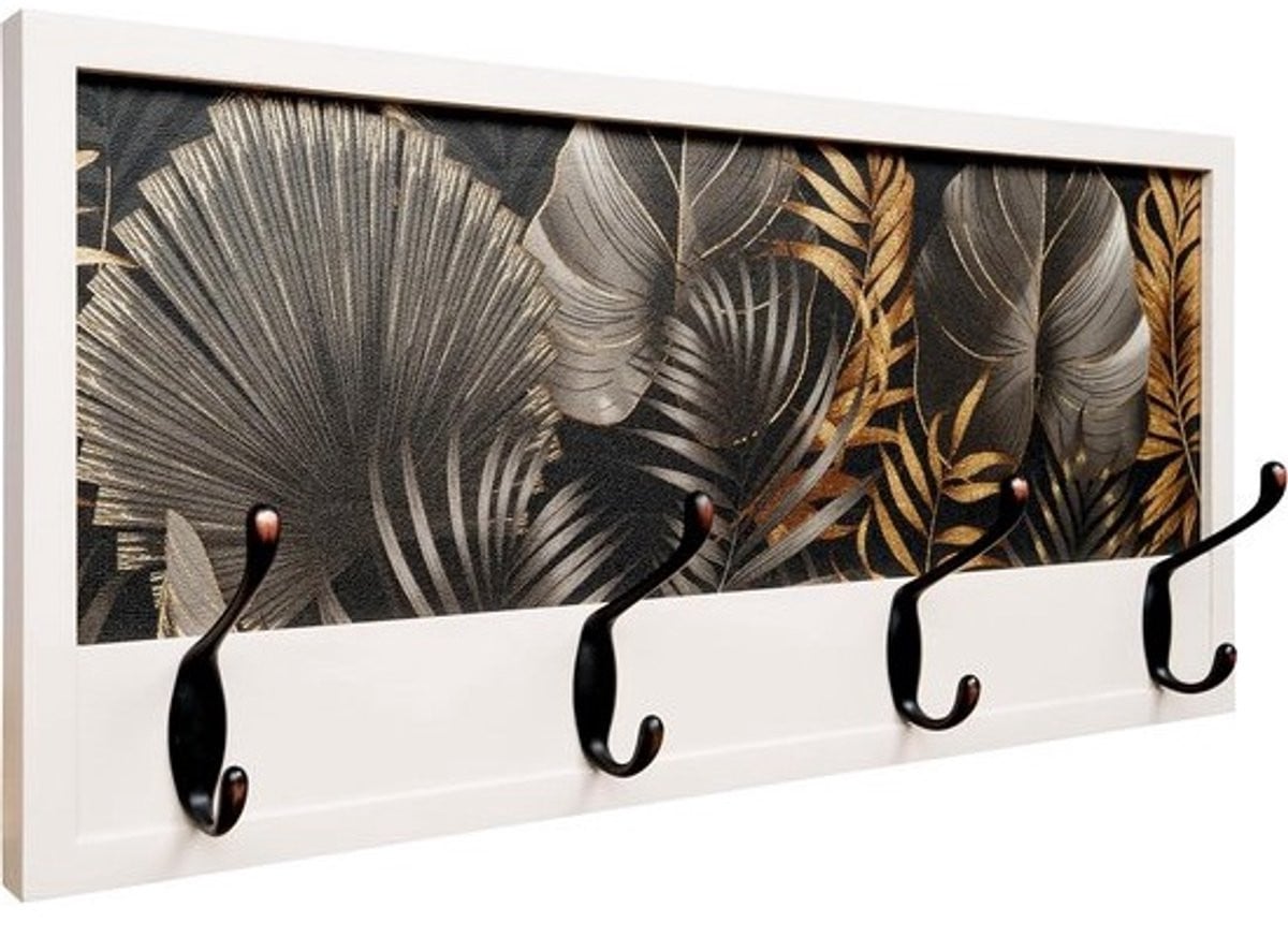 Handgemaakte houten wandgarderobe met 4 haken en gouden blad decoratie