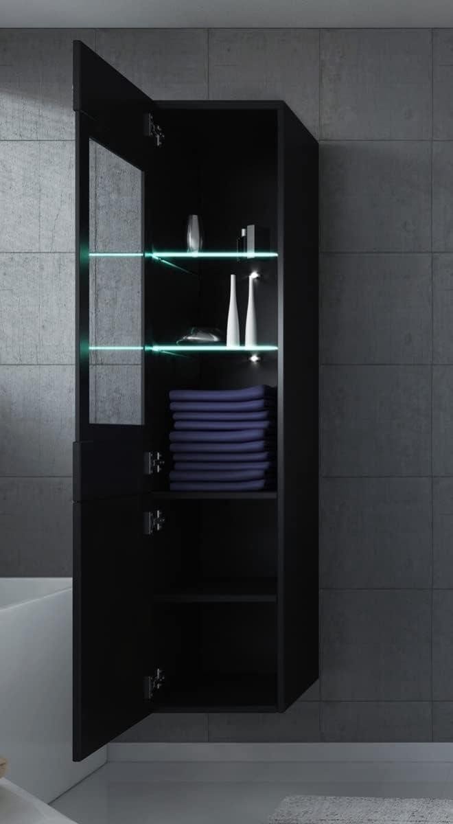 Moderne zwarte hoogglans badkamerkast met glazen deuren en ledverlichting, Hoogte: 131 cm