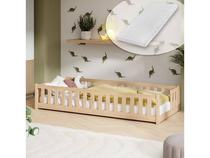 Kids Collective Kinderbett Bodenbett mit Rausfallschutz Lattenrost und Matratze Montessori Bett Bed Gitterbett Kinder Jugendbett Einzelbett 80x160 cm Natur