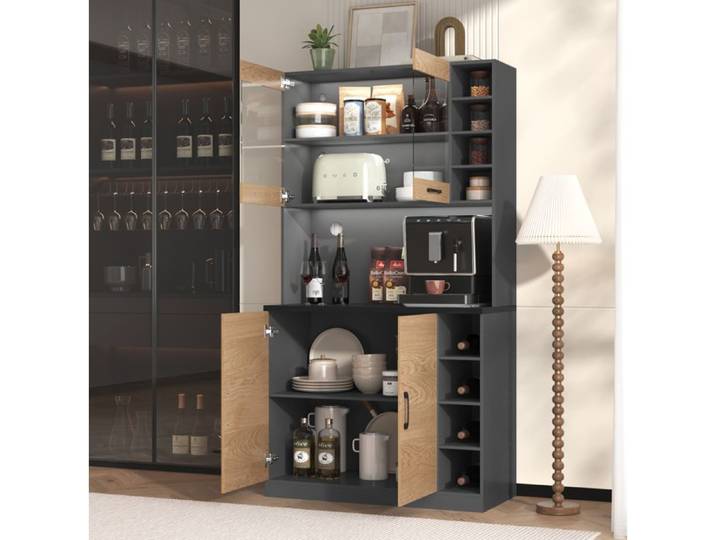 VUENOR Buffet de cuisine 100x47x187 cm gris et décor bois LED passe-câbles autoportant