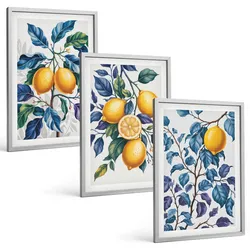 BILDER SET 3er Set - 40x60 cm Silberner Rahmen - Zitronenzweige mit blauen Blättern