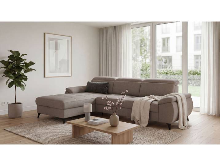 Ecksofa EXXPO - SOFA FASHION TAOS bequem, komfortabel durch Kopfteilverstellung, Breite 281cm , braun (grau), B:281cm H:78cm T:166cm, Sofas, Ecksofa, inkl. Bettfunktion und Bettkasten,toller Sitzkomfort, Steppung im Sitz