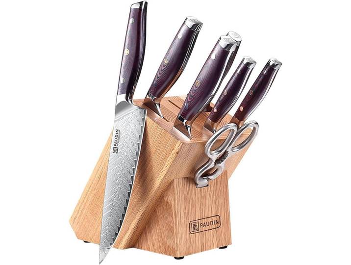 Messerblockset 8-teilig Damaststahl Holzgriff, Mehrfarbig, Kochgeschirr, Küchenmesser, Messersets