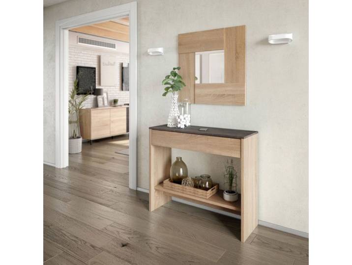 Console d'entrée 1 tiroir et miroir 92x33x79 cm chêne