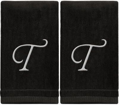 Creative Labs Monogrammed Black Towels Fingertip Embroidered with Initials